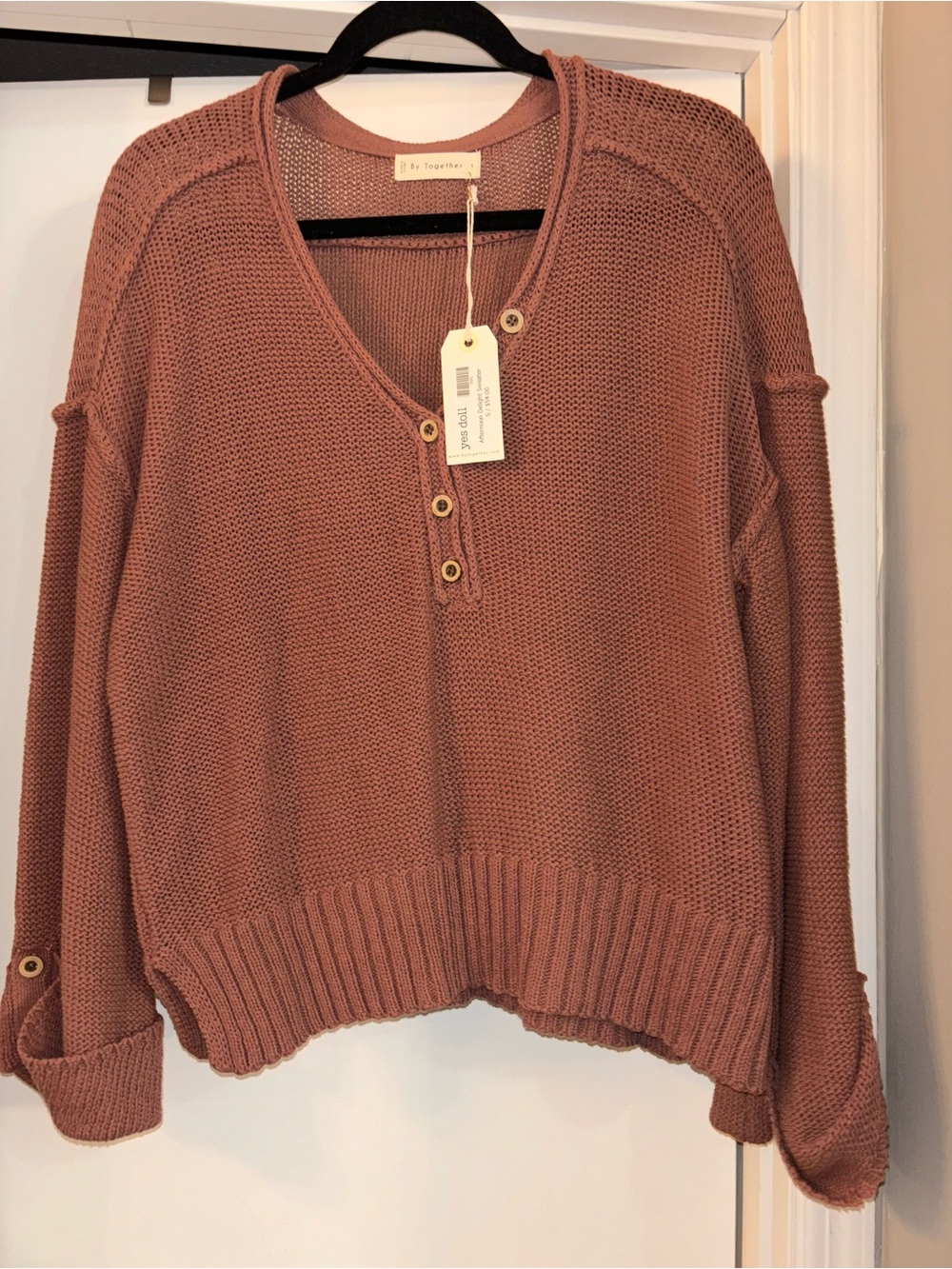 By Together Mauve V-Neck Henley Sweater NWT
